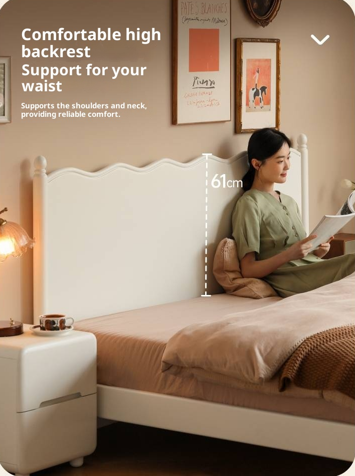 Rubberwood Solid Wood Bed, French Cream Style