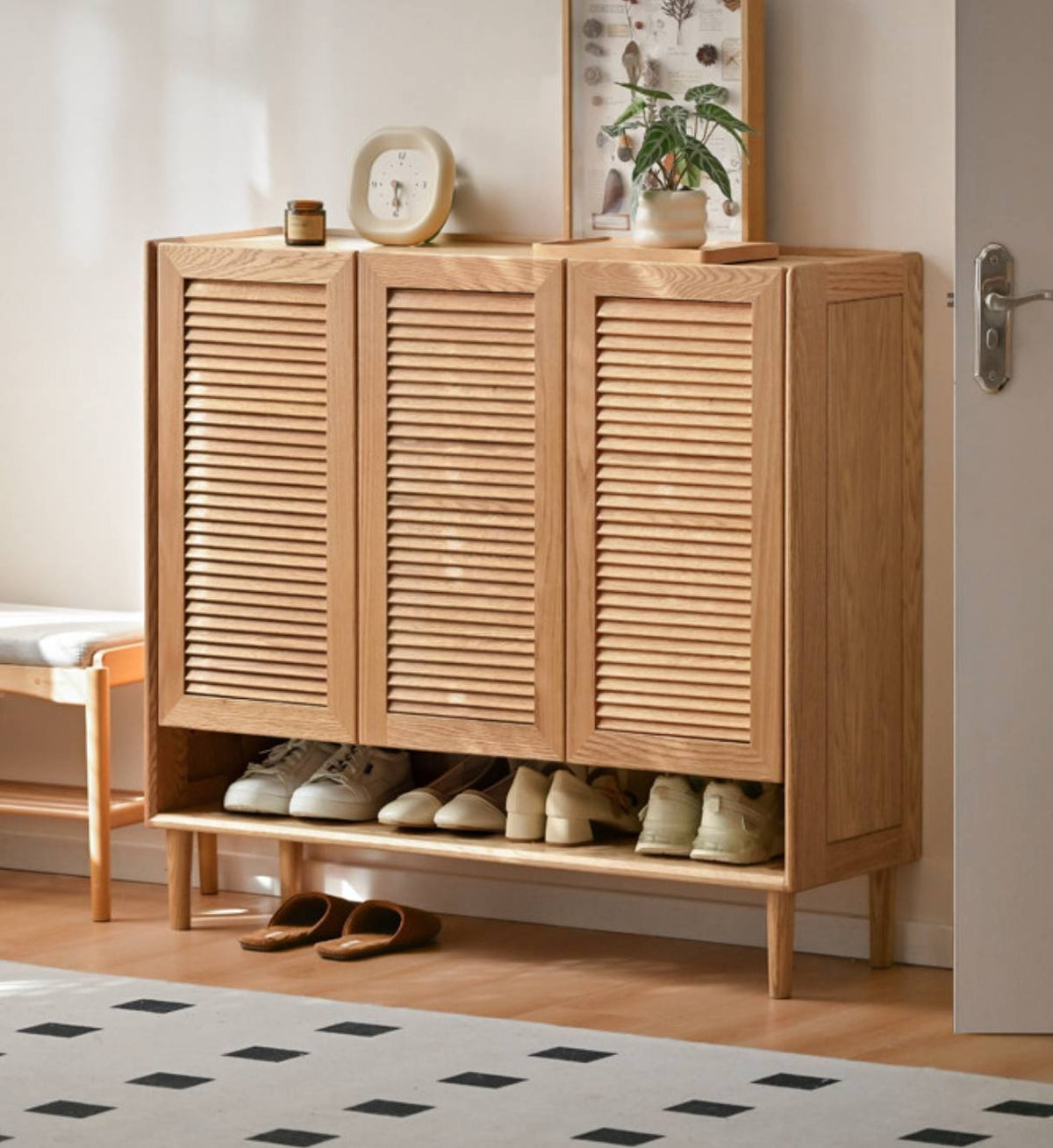 Oak Solid Wood Louvered Door Shoe Cabinet with Open Shelf for Entryway