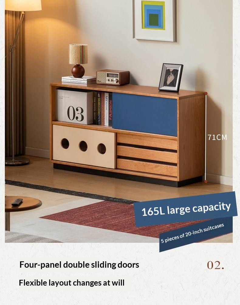 Cherry Solid Wood Vintage TV Stand with Wall-Mounted Tall Cabinet Design