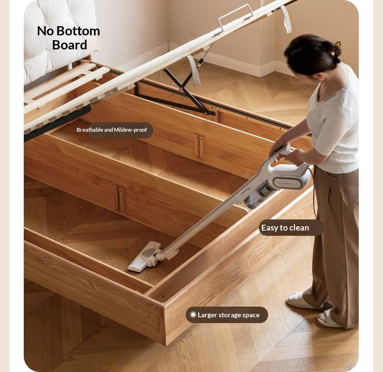 Oak Solid Wood with Upholstered Headboard Luminous Box Bed Cream Style