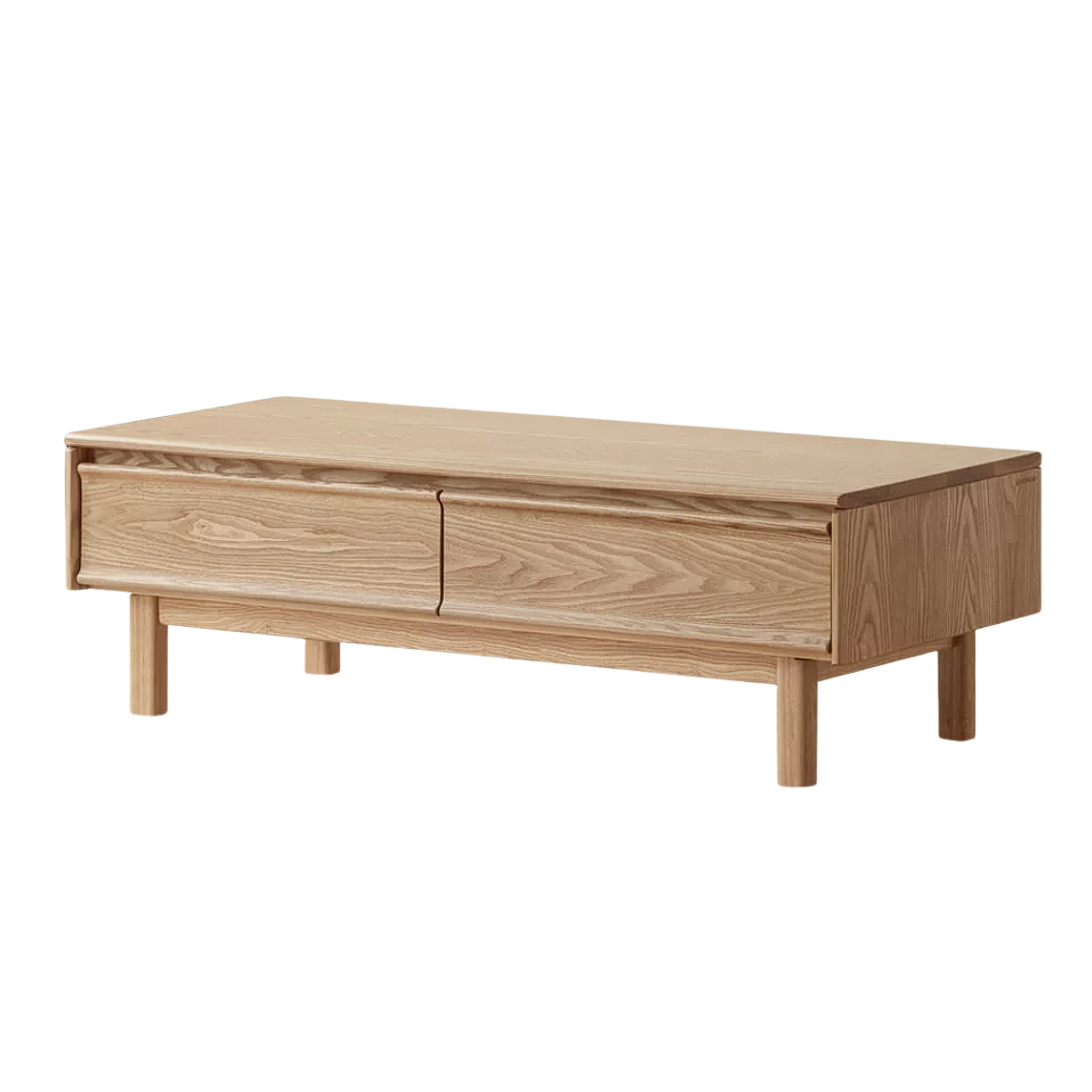 Ash Solid Wood Coffee Table with Beveled Edge, Two Drawers, Tapered Legs