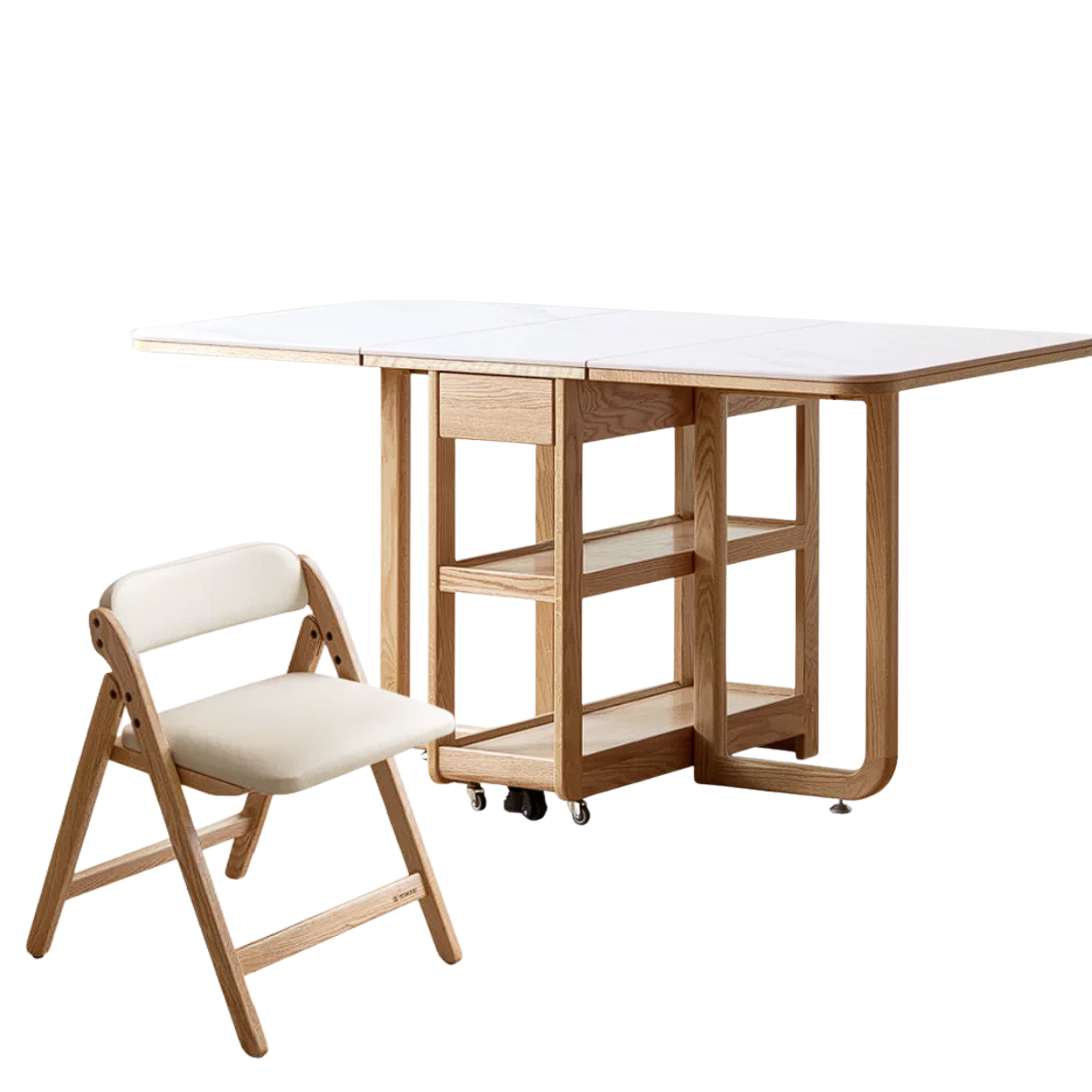 Oak, Rubberwood Solid Wood Folding Multi-Functional Storage Telescopic Dining Table