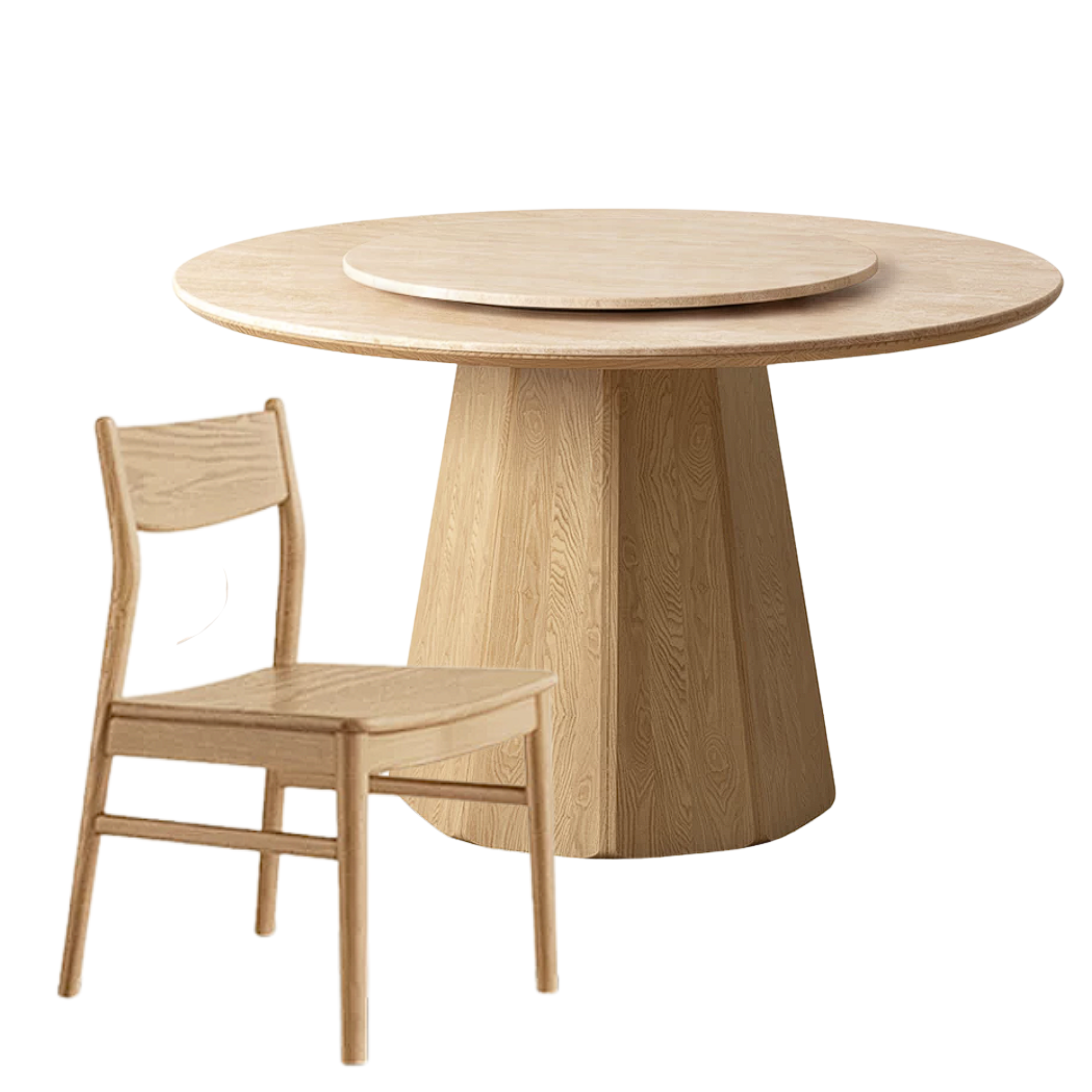 Ash Solid Wood Round Dining Table with Fluted Pedestal Base