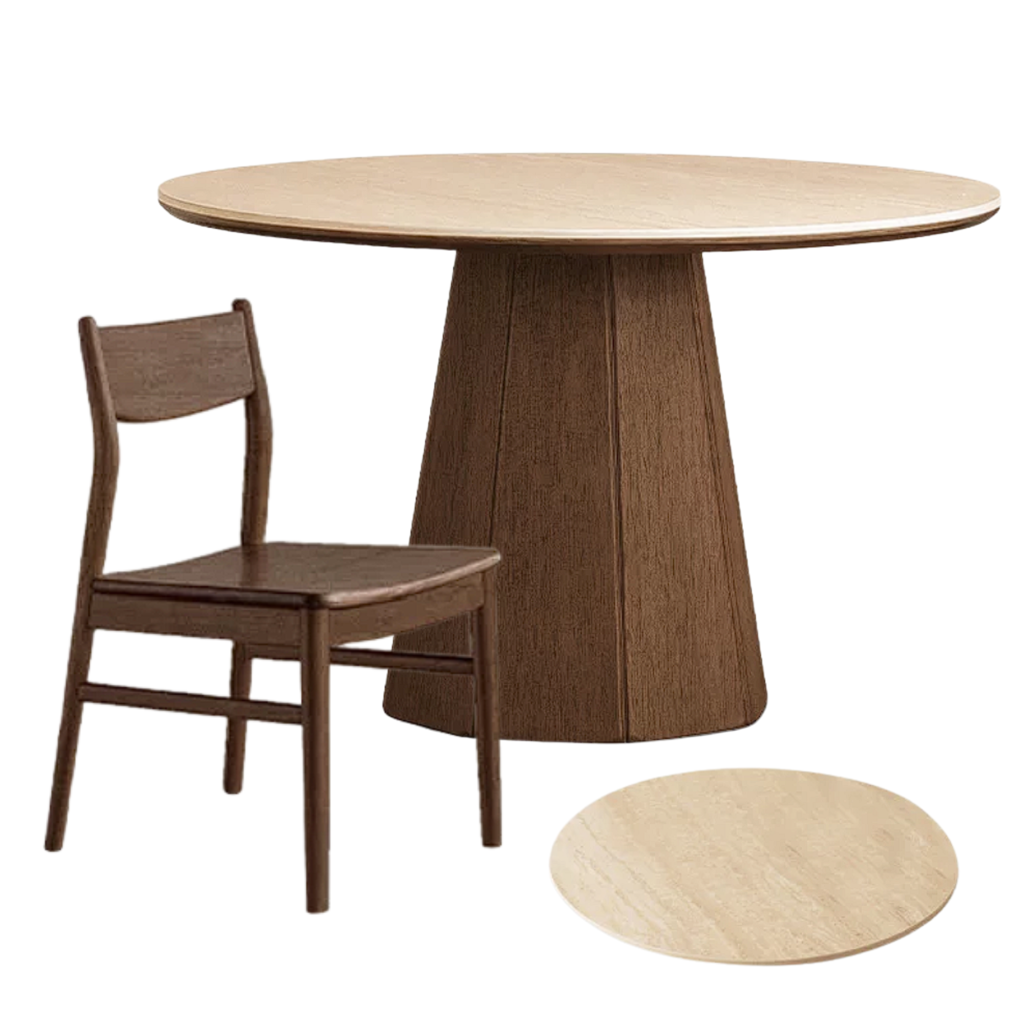 Black Walnut, Ash, Golden Pearwood Solid Wood Round Dining Table with Fluted Cone Pedestal Base