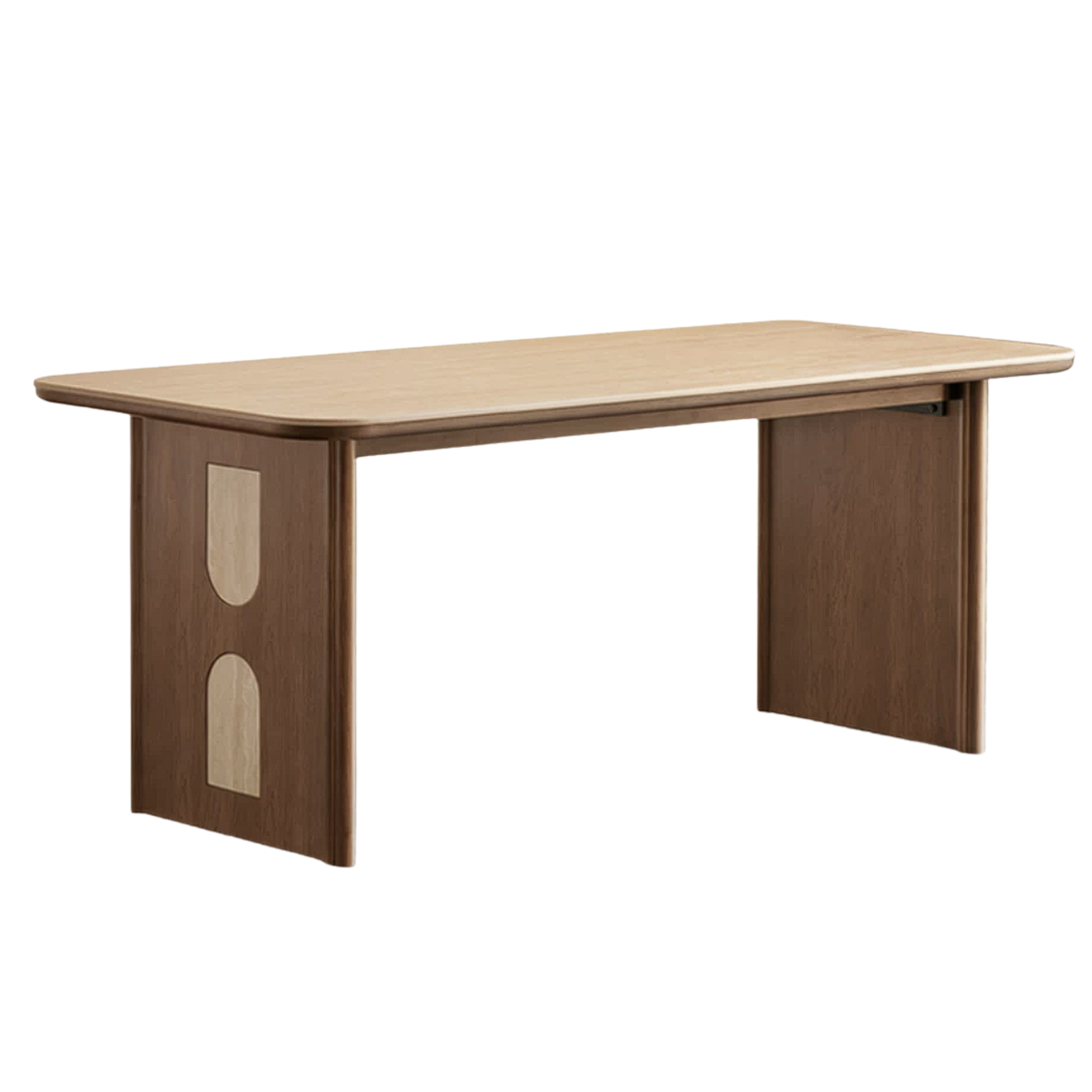 Black Walnut, Golden Sandalwood Solid Wood Dining Table with Arched Cutout Panel Legs and Two-Tone Inlay