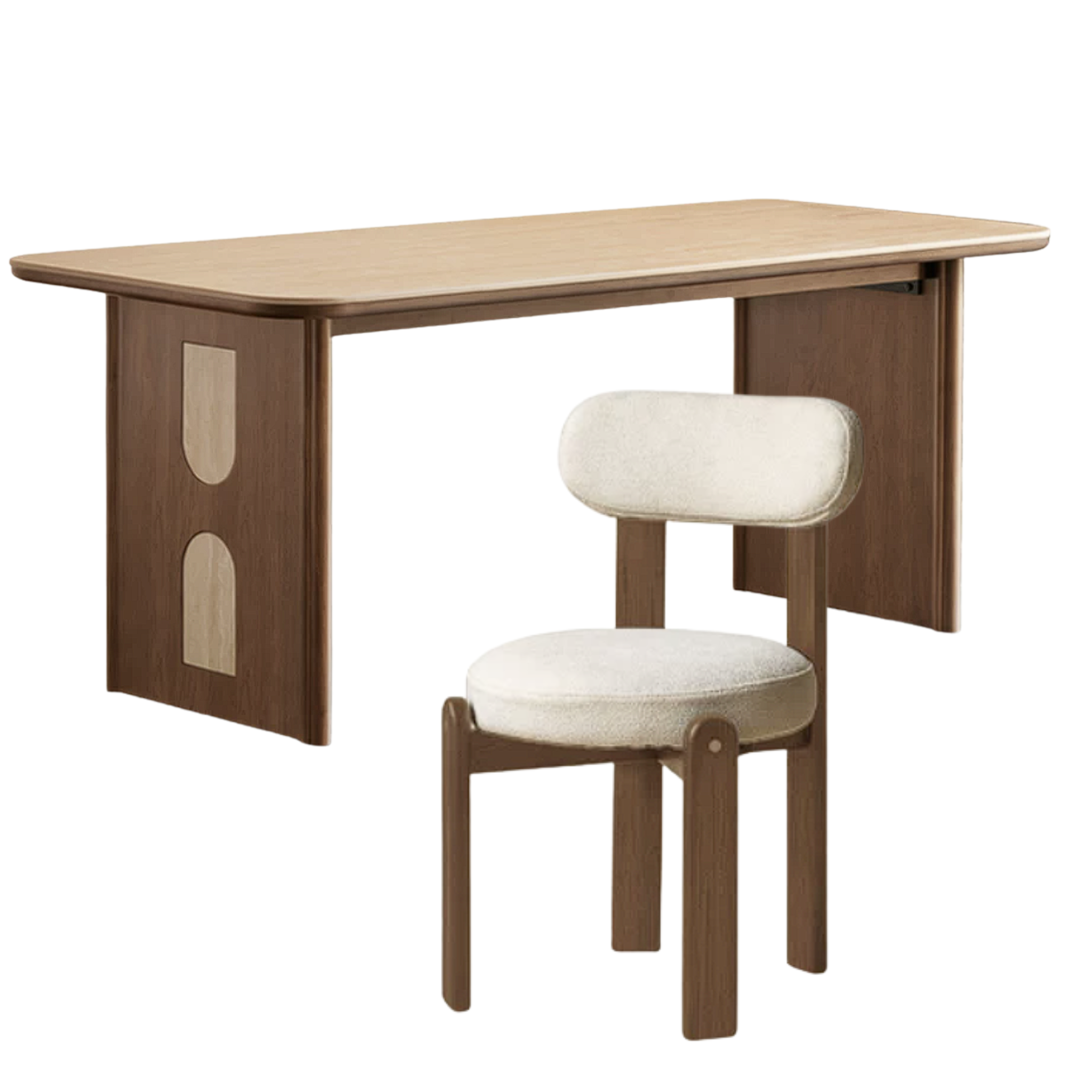 Black Walnut, Golden Sandalwood Solid Wood Dining Table with Arched Cutout Panel Legs and Two-Tone Inlay