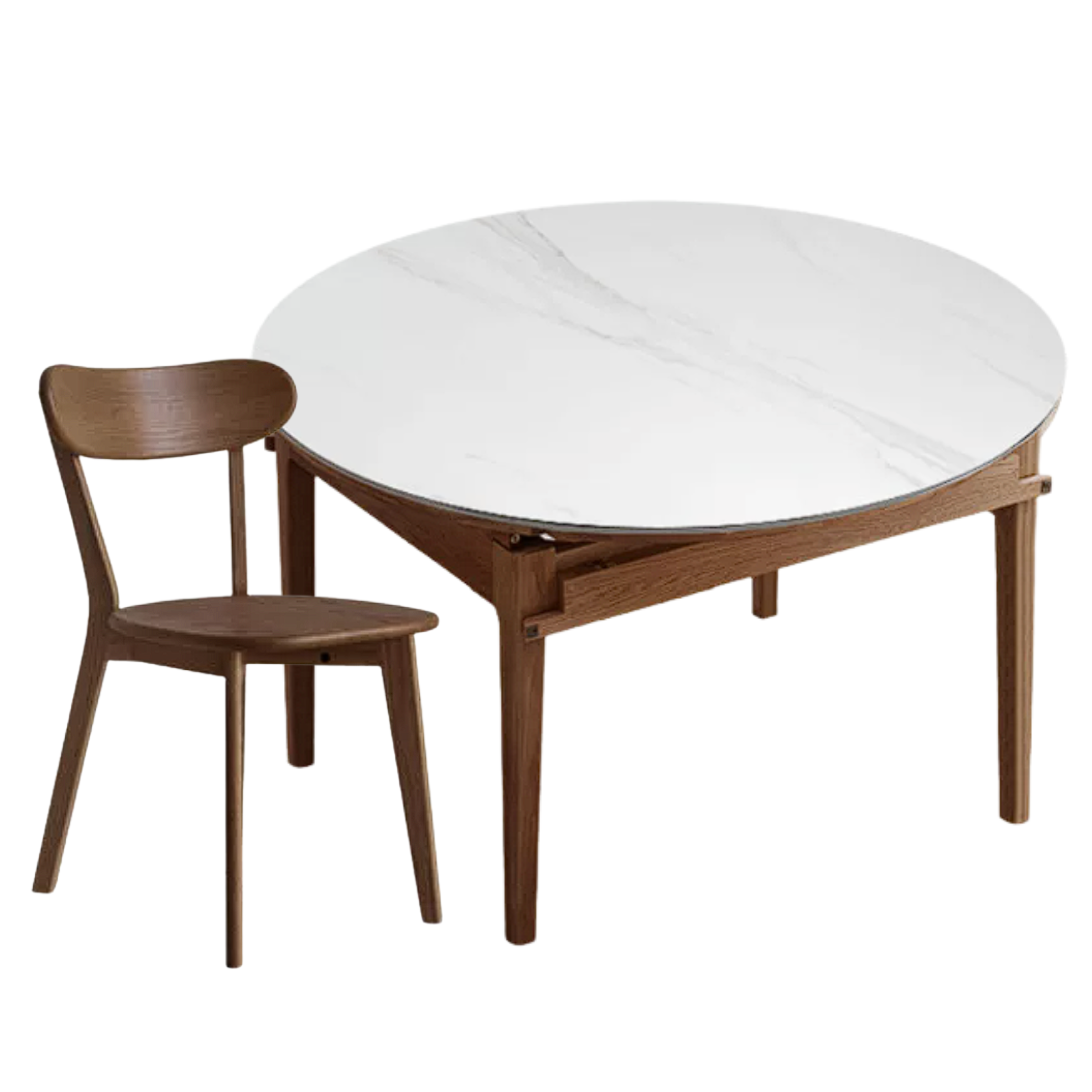 Oak, Solid Rubberwood Round Folding Dining Table With Rock Slab Surface