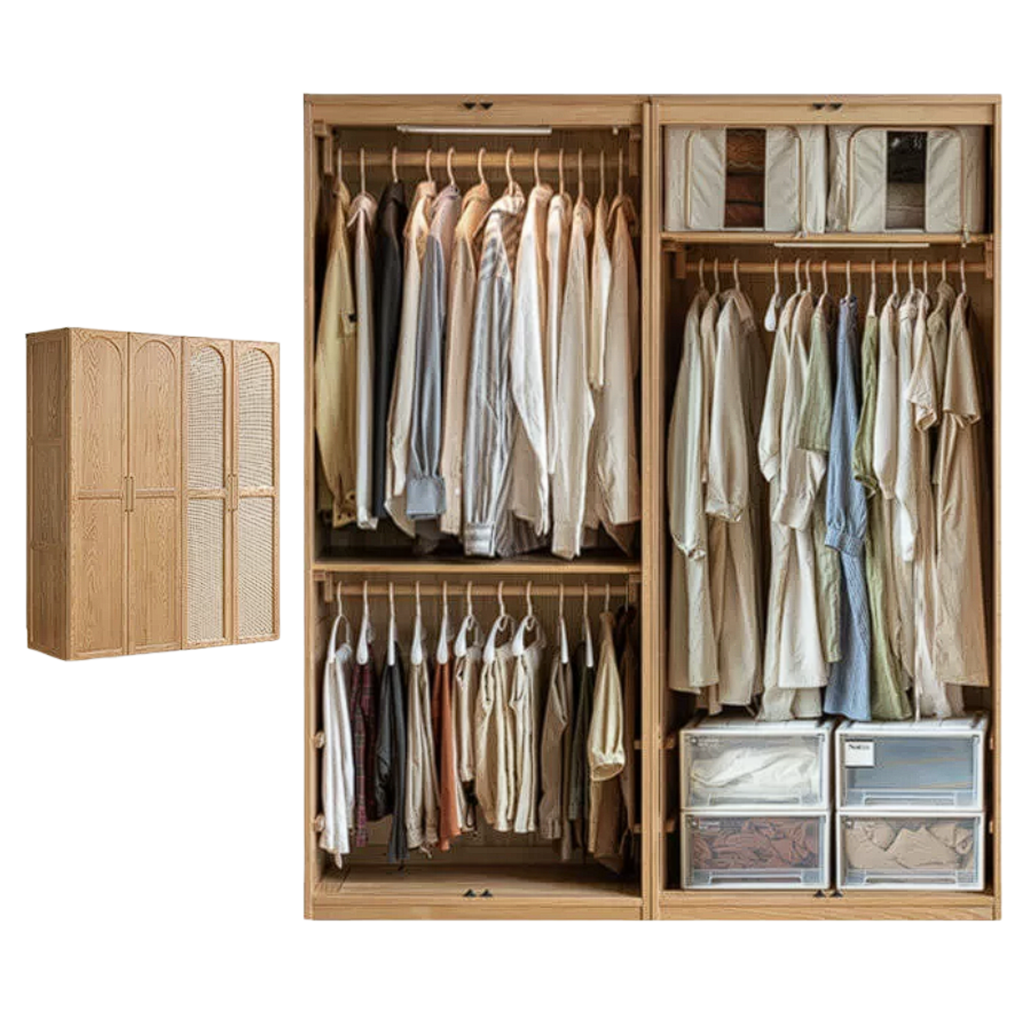Oak Solid Wood Rattan Door Floor Wardrobe