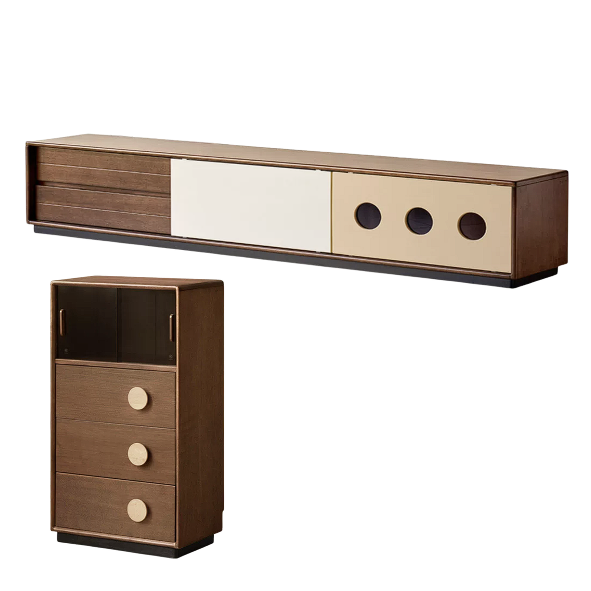 Golden Pearwood Solid Wood Mid-Century TV Stand and Corner Cabinet Set with Color-Block Circle Pulls