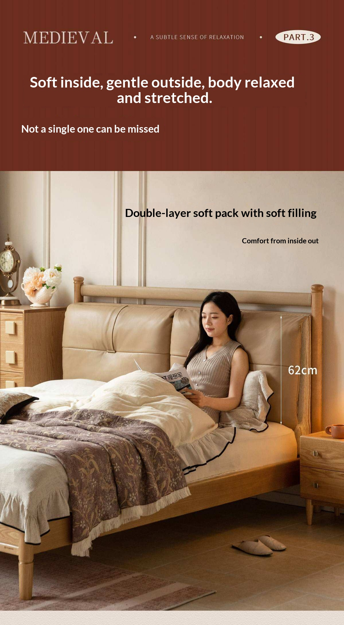 Ash Solid Wood Bed with Plush Genuine Leather Cushioned Headboard