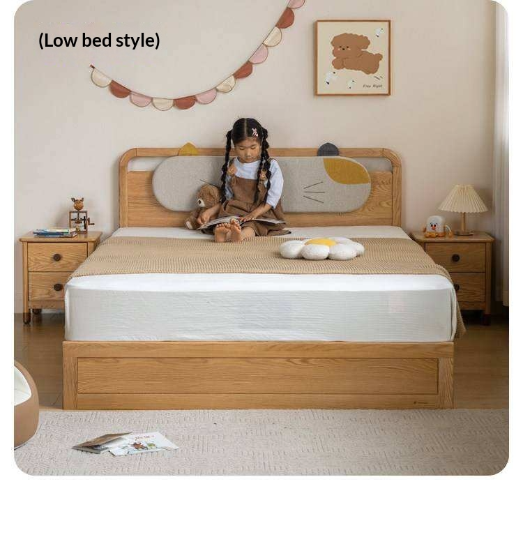 Oak, Rubberwood Solid Wood Storage Bed with Adjustable Height and Gas Lift
