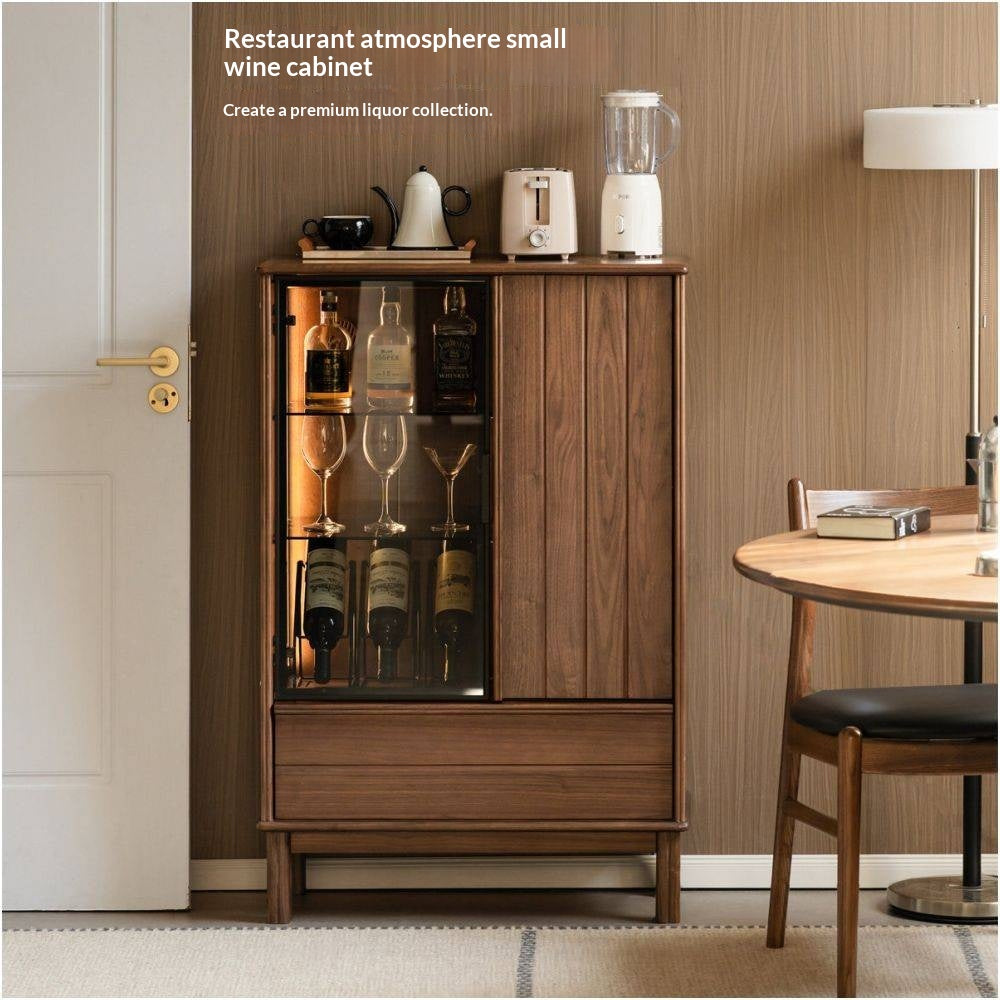 Black Walnut Solid Wood, Solid Longan Hardwood Wine Bar Cabinet with LED Lighting and Glass Door