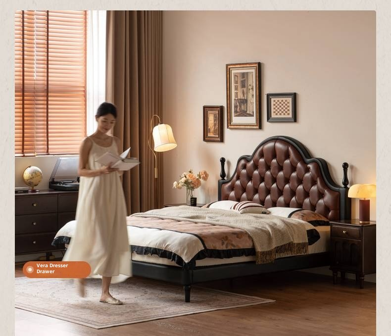 Genuine Leather Elegant Soft Backrest Bed, French Retro