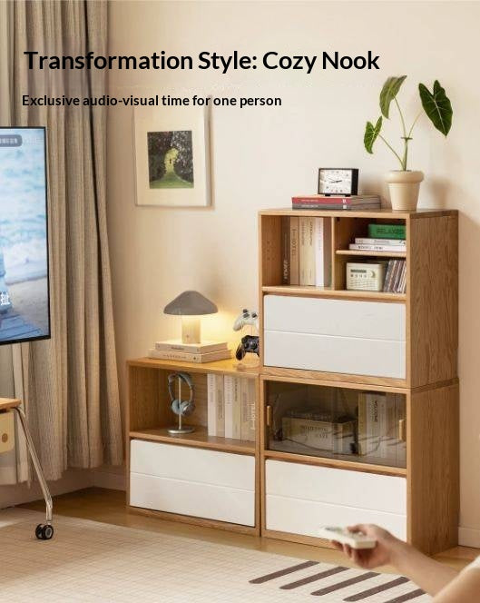 Oak Solid Wood Modular TV Cabinet System with Two-Tone Sliding Doors