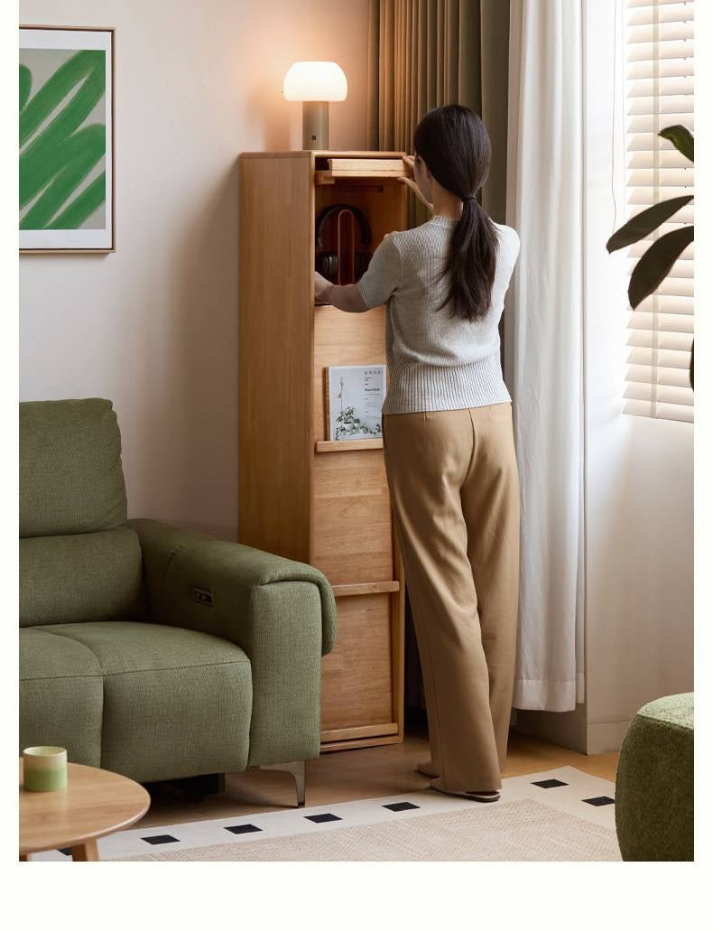 Solid Rubberwood Ultra-Narrow Bookcase with Flip-Down Front Panel