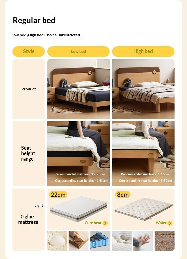Beech Solid Wood Kids Montessori Platform Bed with Adjustable Headboard