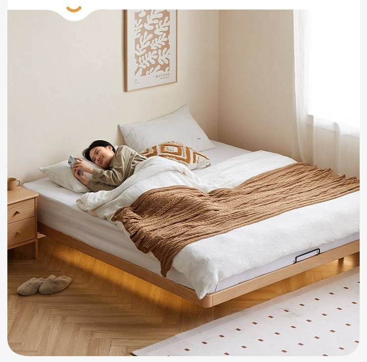Beech Solid Wood Platform Bed, Headboard-Free Bed, Flush-Edge Floating Bed
