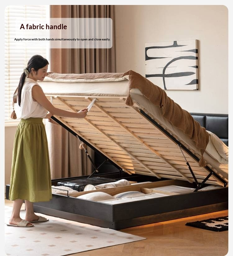 Oak Solid Wood Genuine Leather Upholstered Box Bed Retro Black Floating Bed