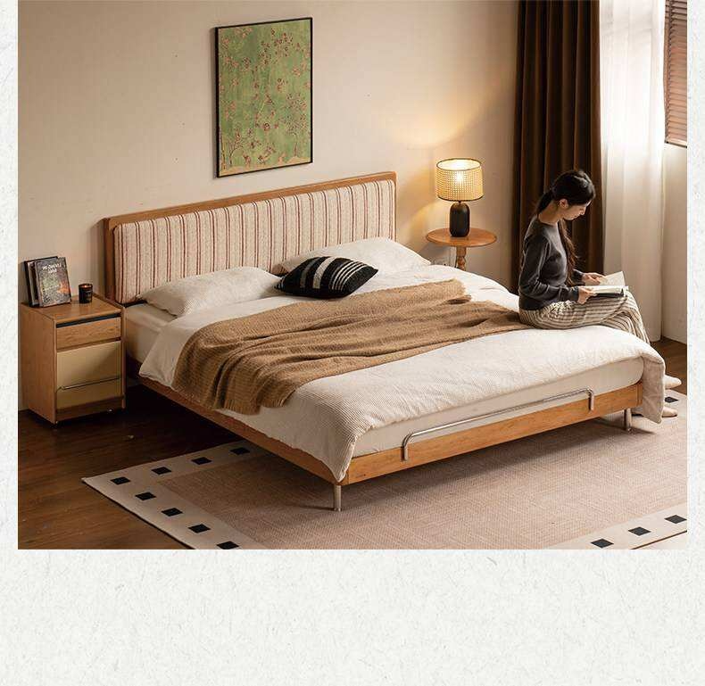 Cherry Solid Wood Bed with Modern Minimalist Design and Genuine Leather Headboard