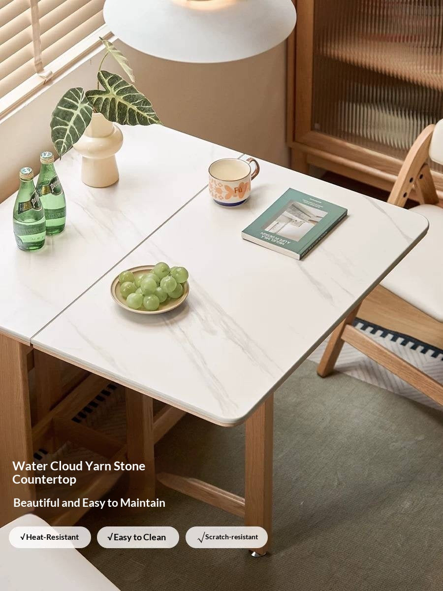 Oak Solid Wood Foldable Dining Table With Rock Slab Surface