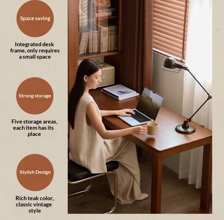 Poplar Solid Wood Retro Style Multifuntional Desk with Integrated Bookshelf