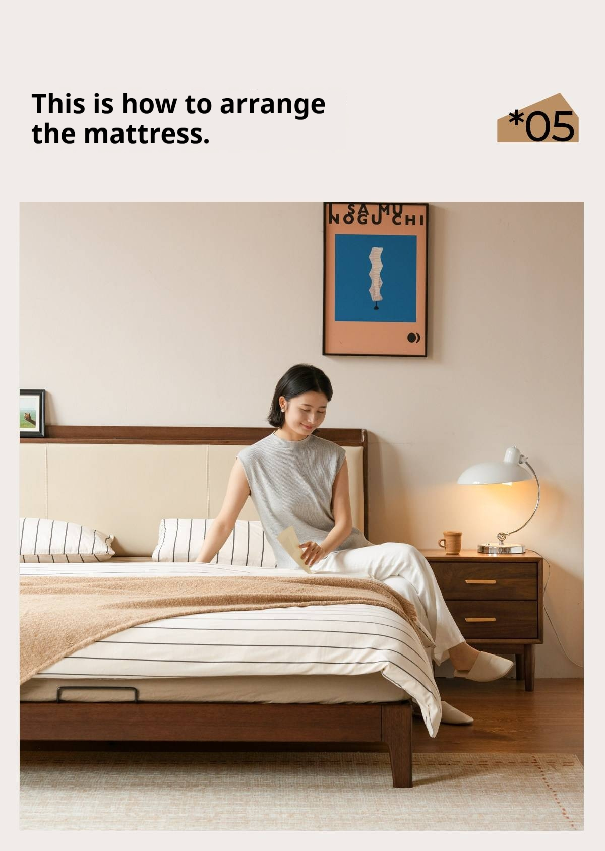 Golden Rosewood Solid Wood Modern Bed with Leather Upholstered Headboard and Built-In Power Outlets