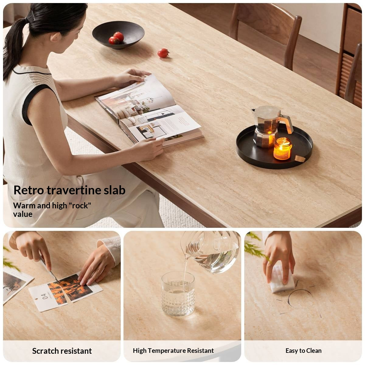 Black Walnut Solid Wood Vintage Travertine Slab Dining Table