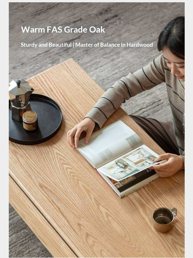 Oak Solid Wood Coffee Table with Integrated Drawer Storage