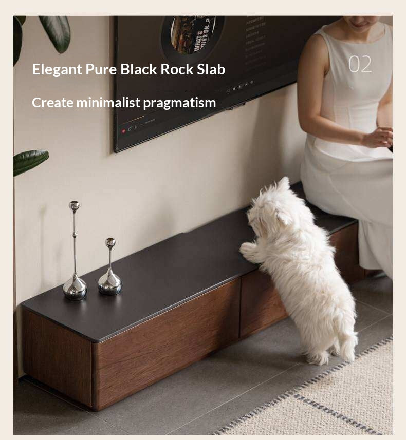 Catalpa Solid Wood TV Cabinet with Storage Drawers, Media Console with Slate Top