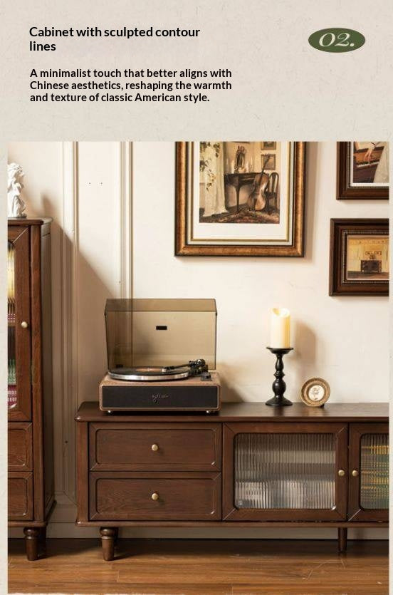 Ash Solid Wood Vintage TV Console with Fluted Glass Doors