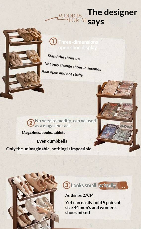 Beech Solid Wood Slim Shoe Rack with Tiered Shelves