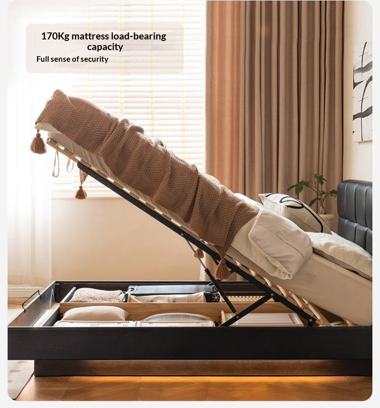 Oak Solid Wood Genuine Leather Upholstered Box Bed Retro Black Floating Bed