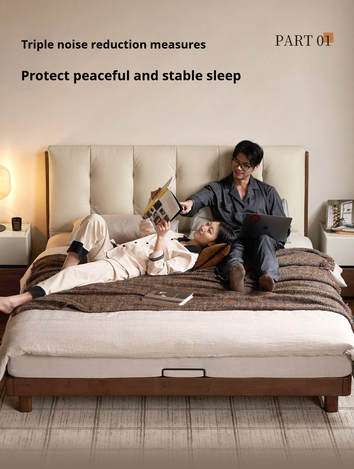 Rubberwood Solid Wood Italian Style Bed with Leather Headboard and Soft Goose Down Cushion