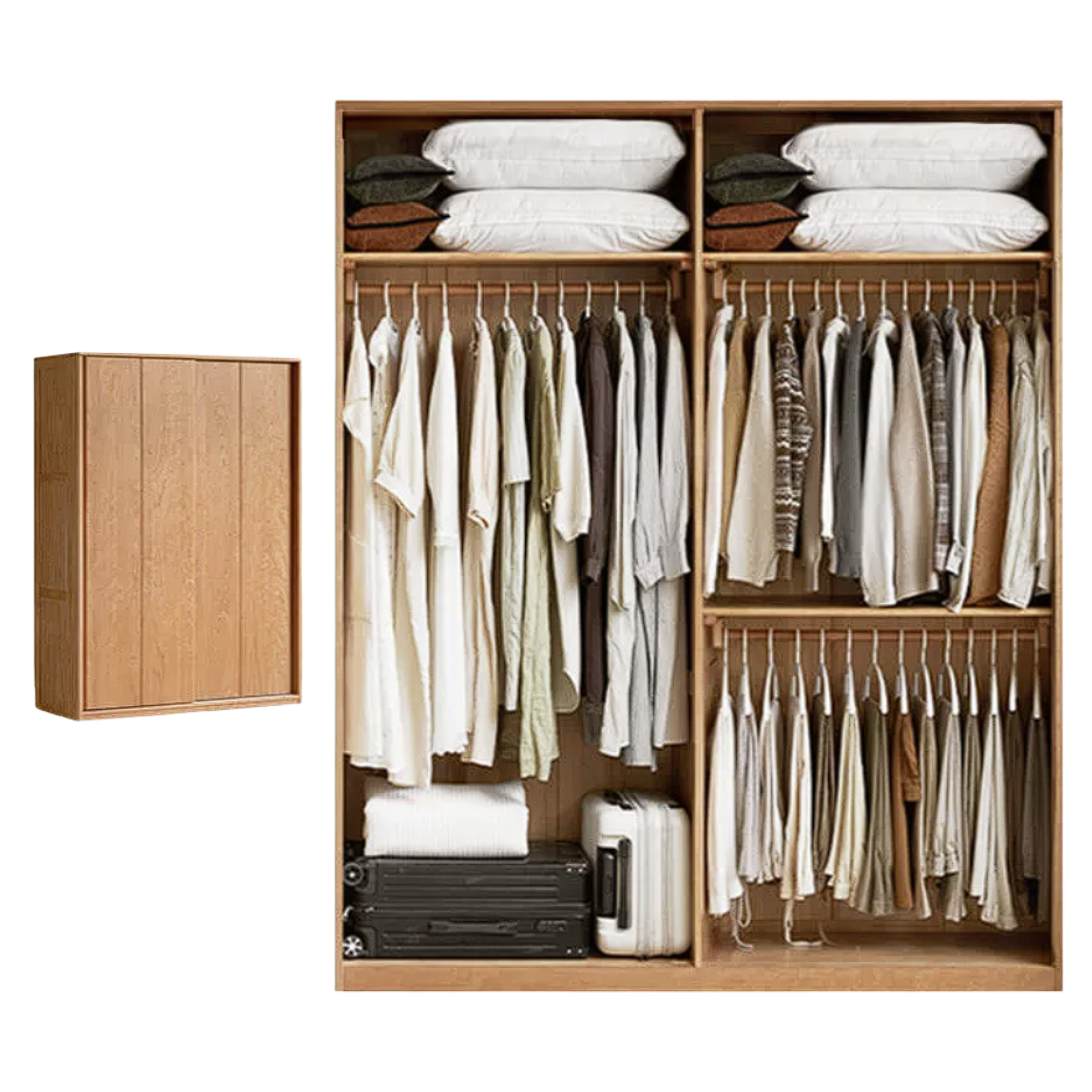 Cherry Wood Sliding Door Wardrobe Armoire with Hanging Rod and Shelves