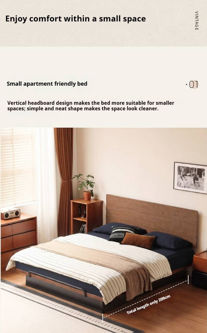Oak Solid Wood Mid-Century Floating Storage Bed with Lift-Up Storage Box