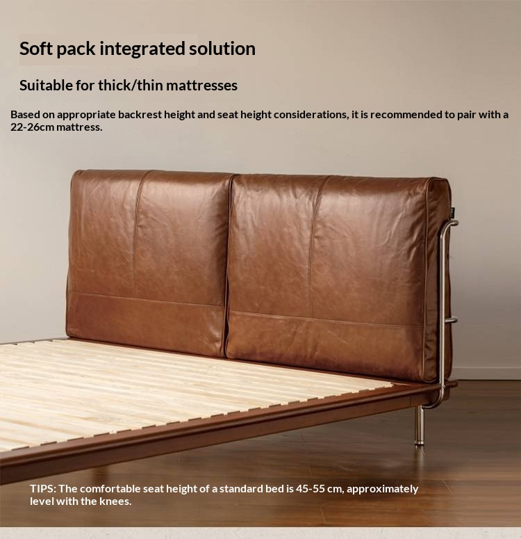 Genuine Leather Bauhaus Style Double Bed with Top Grain Cowhide Soft Backrest