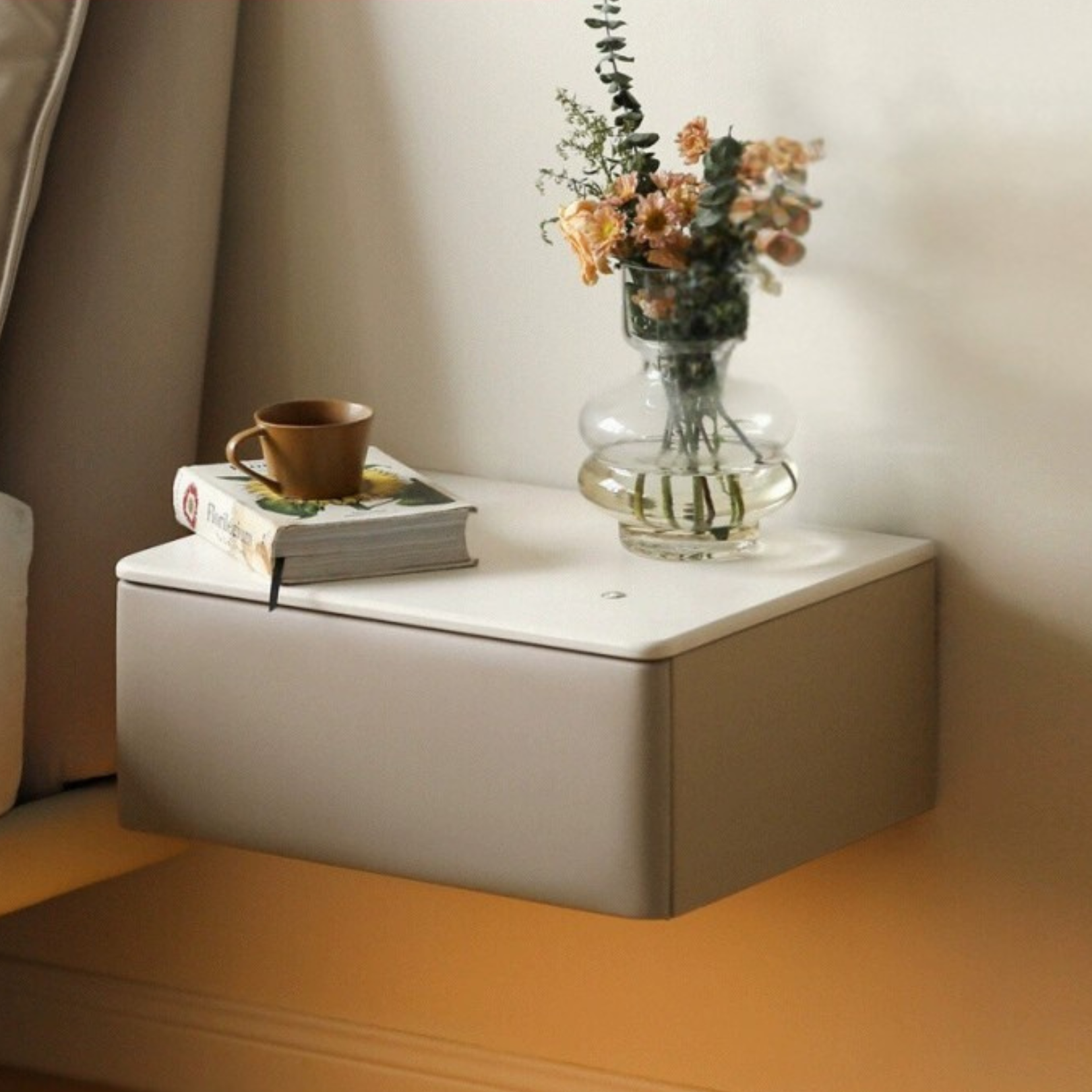 Organic Leather Wall Mounted Cream Rock Board Floating Nightstand: