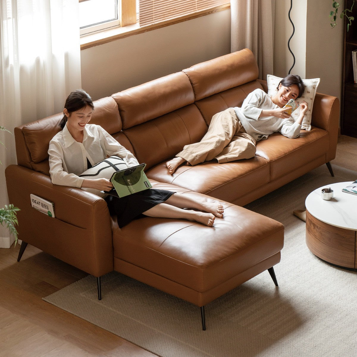 First-layer Yellow Cowhide Leather Sofa Light Luxury Italian Style.