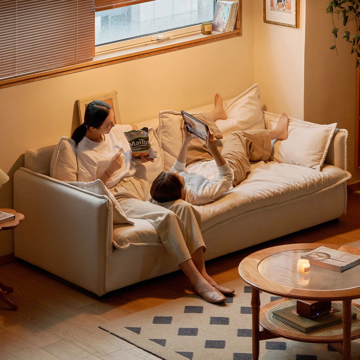 Down Fabric Sofa Cream Style.