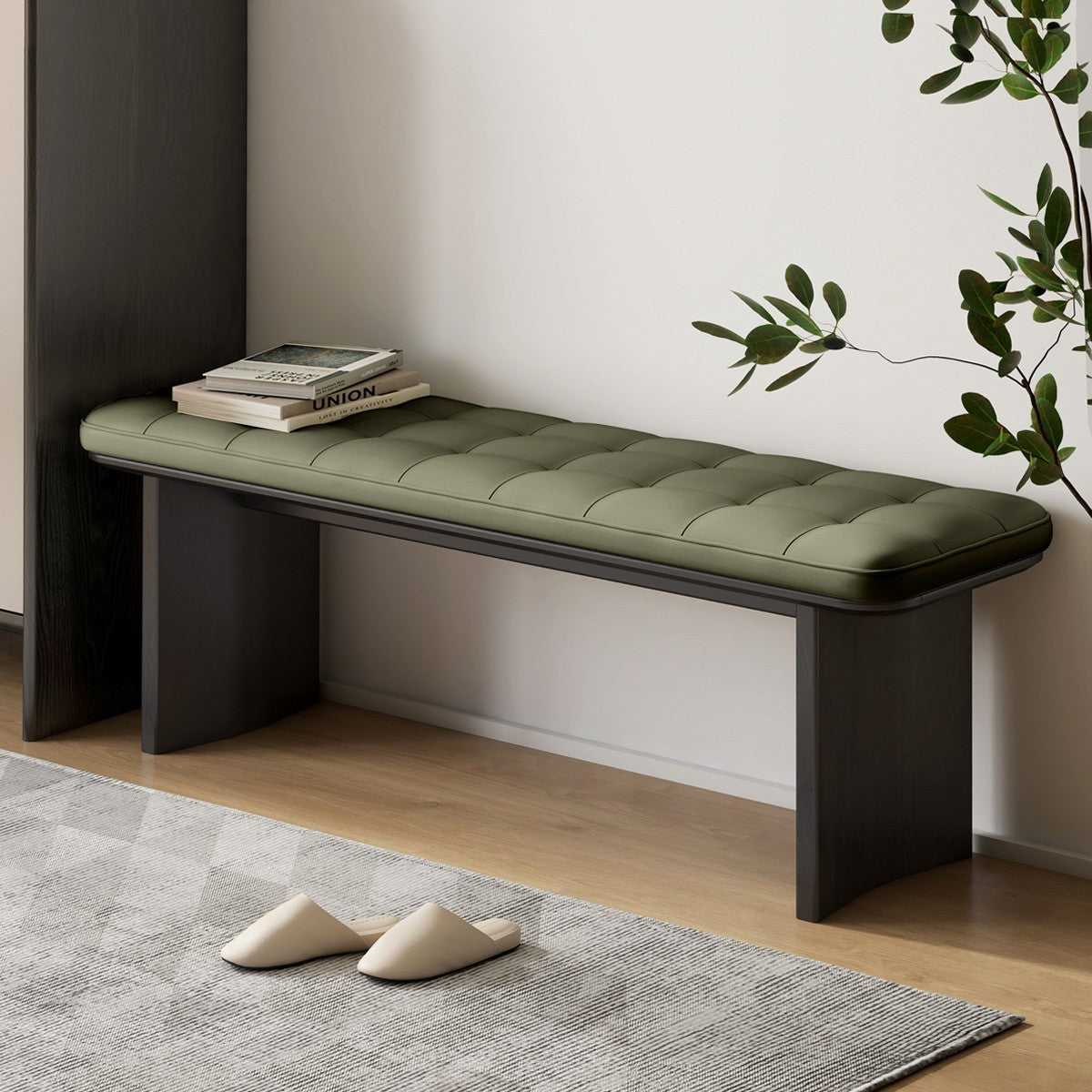 Black Walnut, Ash, Oak Solid Wood Luxury First-Layer Yellow Cowhide Seat Bench