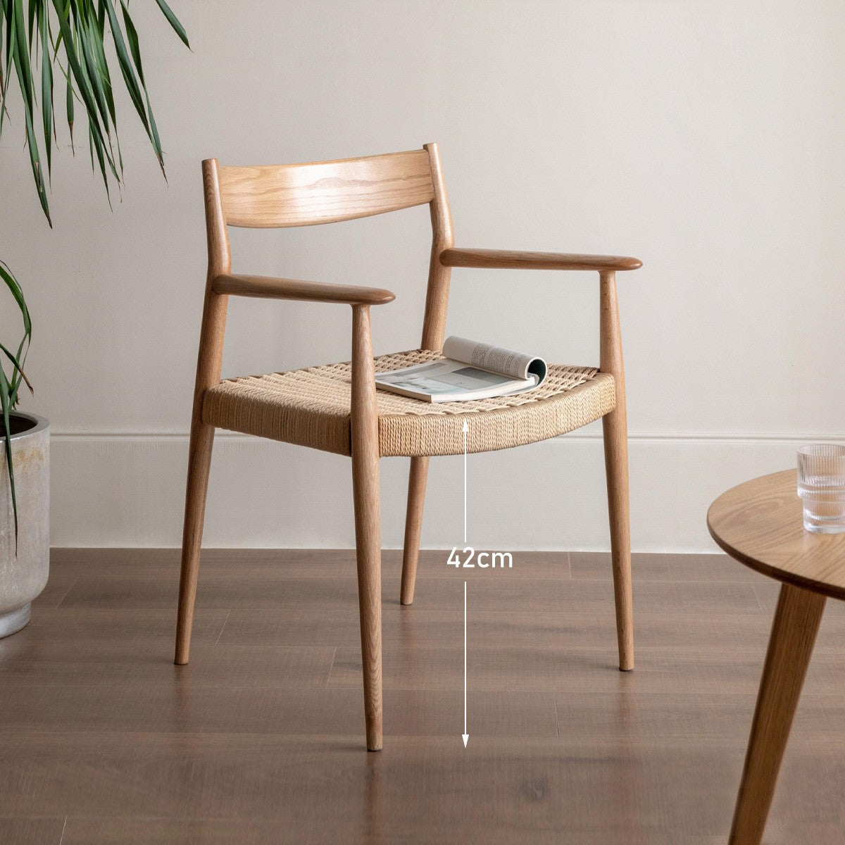 Oak Solid Wood Rope Weaving Chair, Original Wood Leisure Armchair: