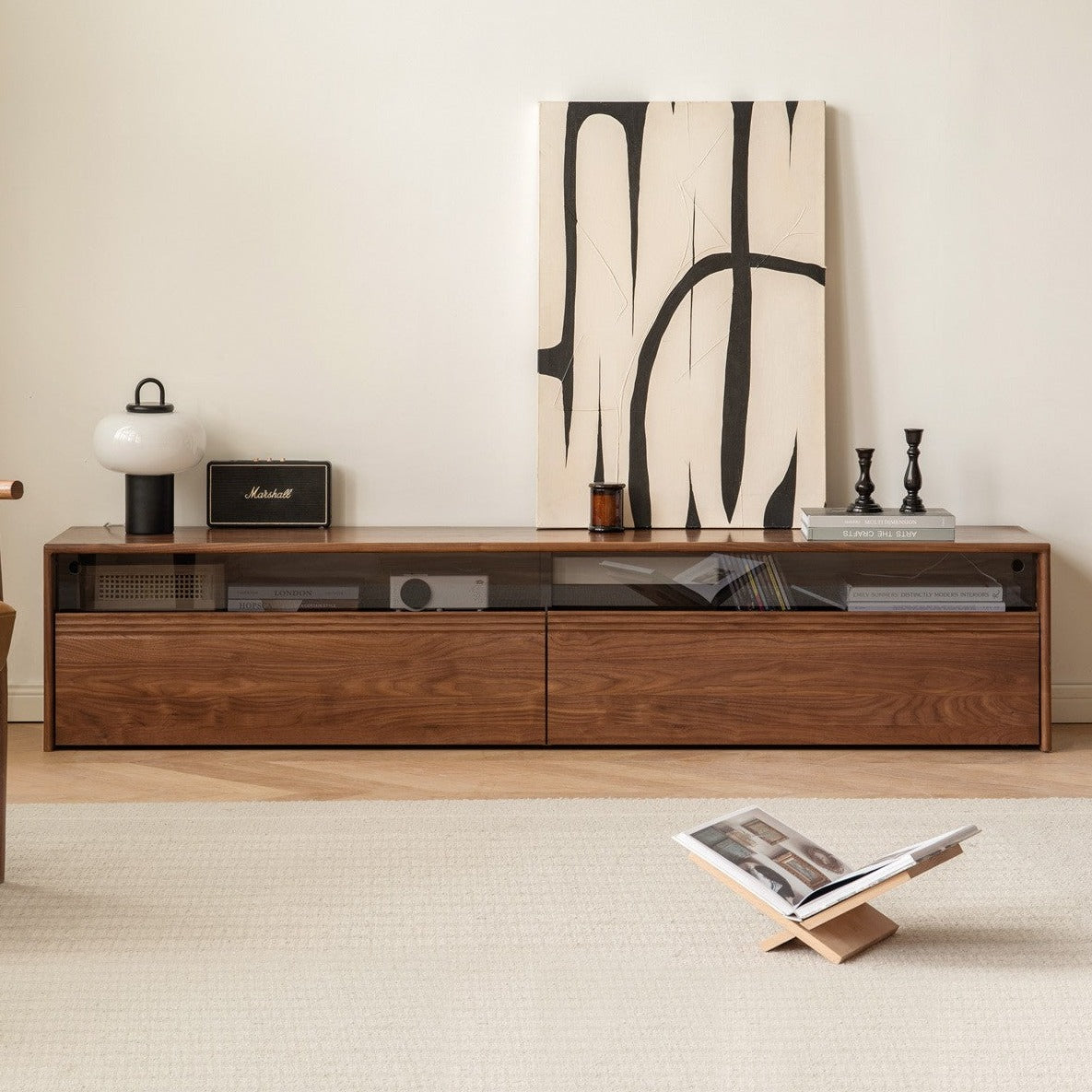Black Walnut, Oak Solid Wood TV Cabinet LED Light Floor Cabinet.