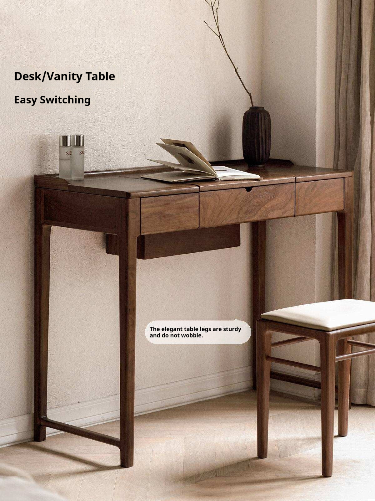 Black Walnut, Ash Solid Wood Flip Vanity Table.