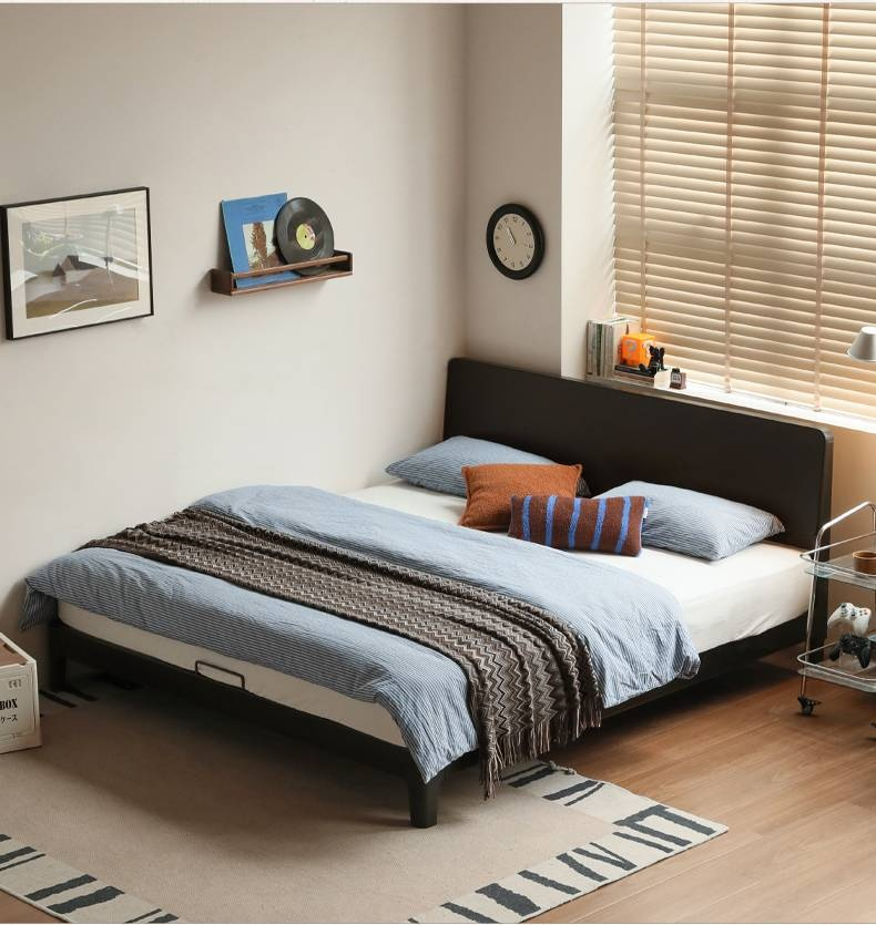 Rubberwood, Poplar Solid Wood Bed in Black — Modern Casual Edge Design