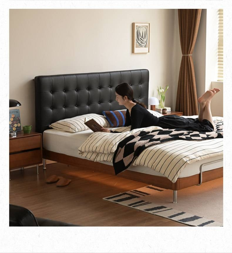 Tulipwood Solid Wood Bed — Bauhaus Style with Soft Genuine Leather Headboard