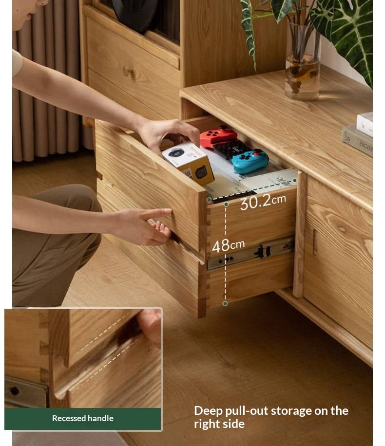 White Ash, Ash Solid Wood TV Stand with Sliding Doors and Sleek Finish