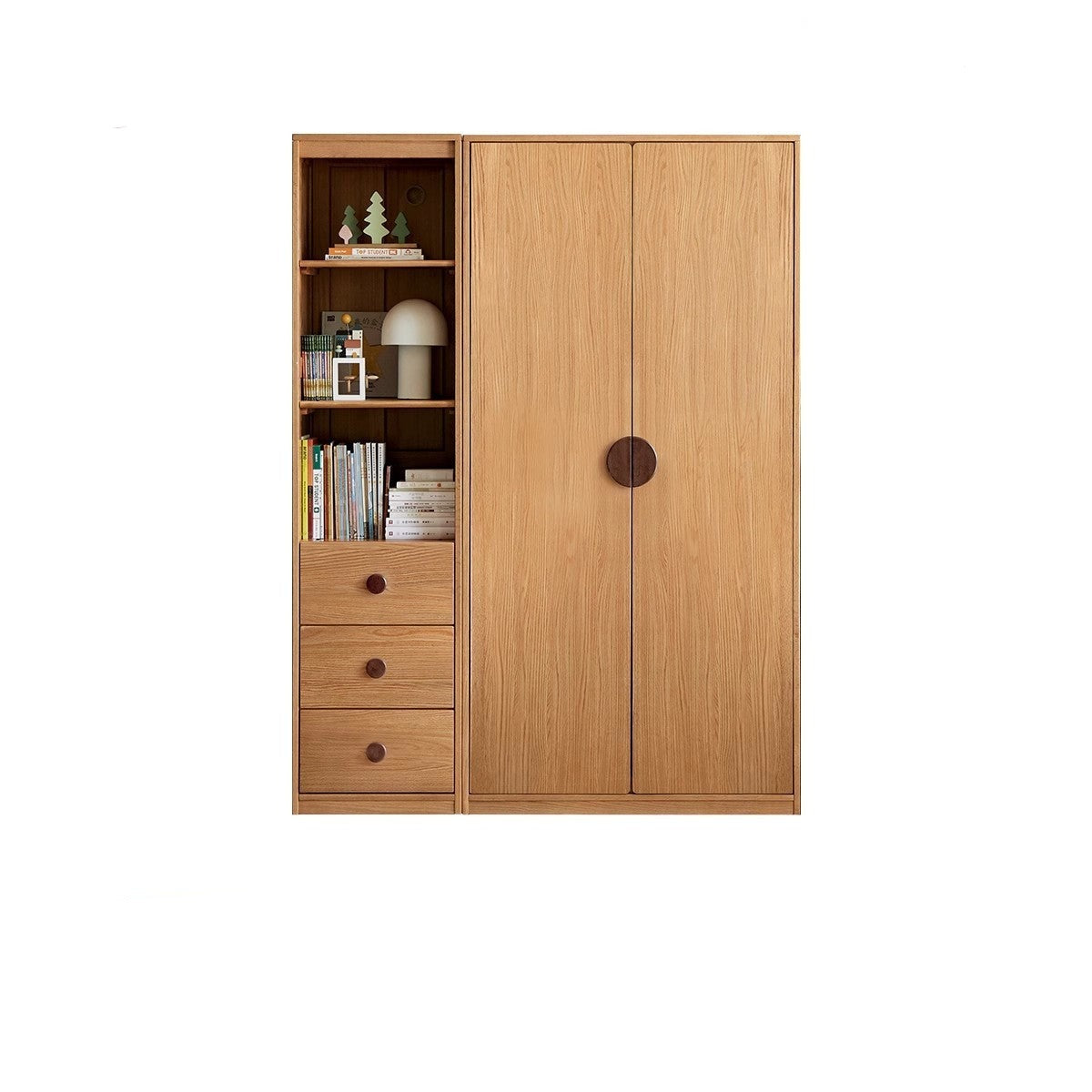Oak Solid Wood Children's Wardrobe, Bookcase Combination