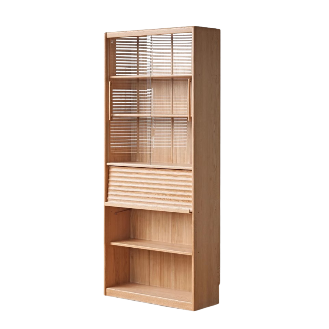 Oak, Beech Solid Wood Bookcase With Glass Door Floor-Standing Bookshelf Multi-Layer Storage Rack Free Combination Display Cabinet