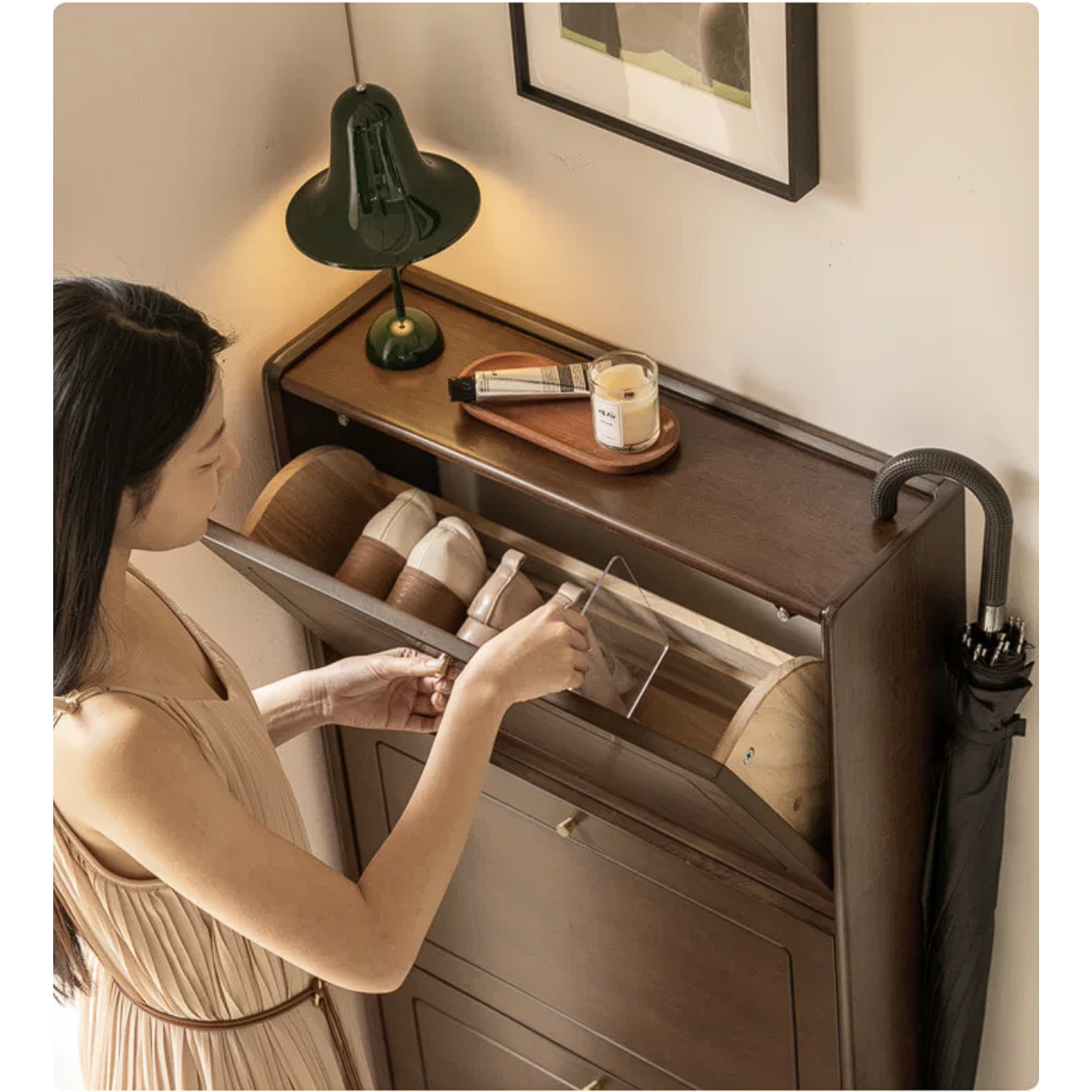 Rubberwood Solid Wood Shoe Cabinet with Space Saving Flip Storage