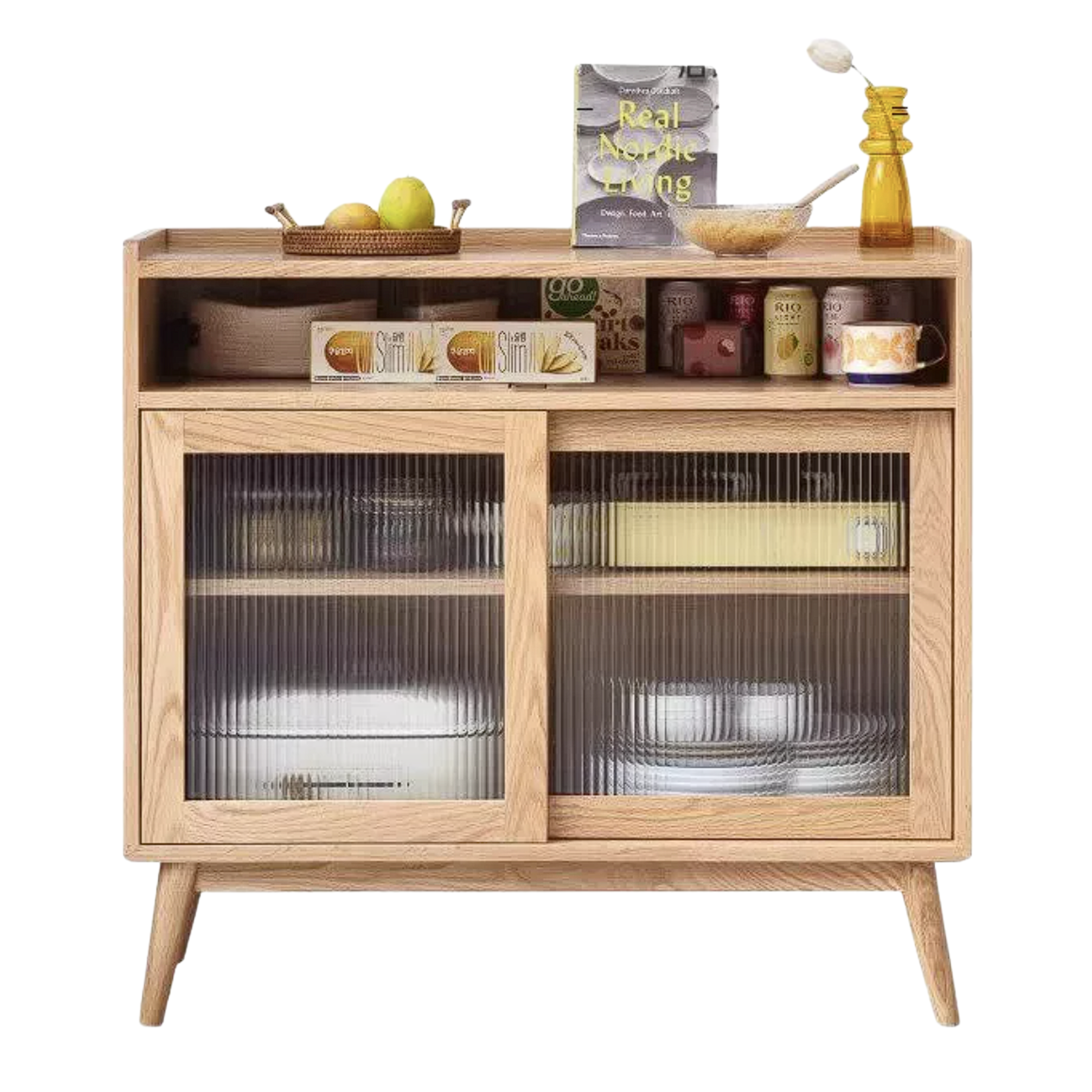 Oak Solid Wood, Solid RubberWood Sideboard Sliding Doors
